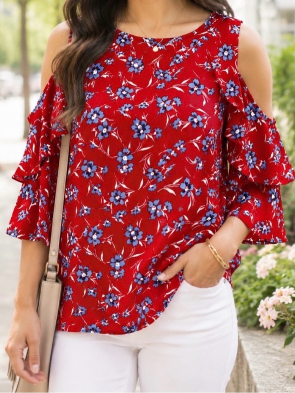 Tommy Hilfiger Red Blue Floral Cold Shoulder Ruffle Sleeve Blouse M